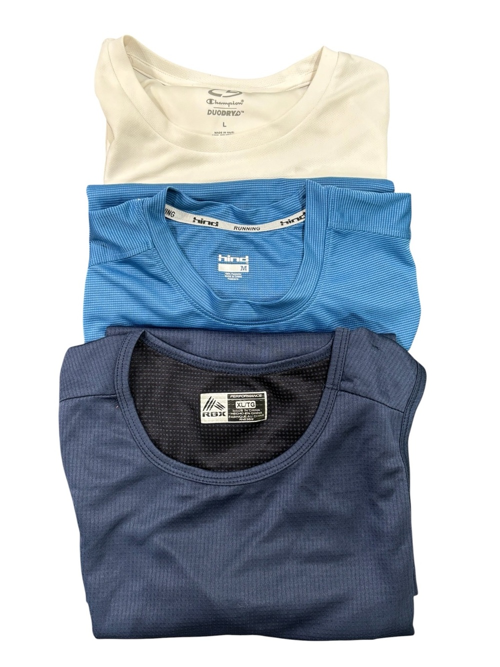 Three Men’s Workout Tees Size L in colors Navy, Light blue and White.
